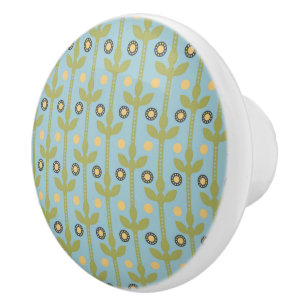 Pomo De Cerámica Patrón floral folclórico retro verde y azul cúbico