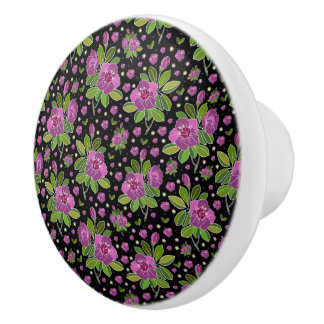 Pomo De Cerámica Patrón floral lila rosa verde negro