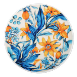 Pomo De Cerámica Patrón Floral - Naranja y Azul