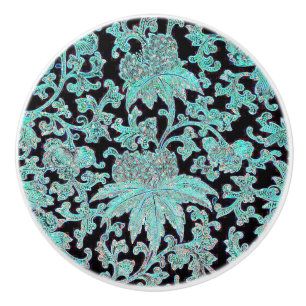 Pomo De Cerámica Patrón floral peony turquesa vintage negro