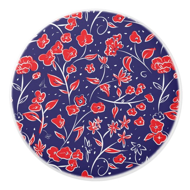 Pomo De Cerámica Patrón floral rojo y azul (Anverso)