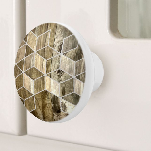 Pomo De Cerámica Patrón geométrico moderno de madera marrón de gran (Modern Farmhouse Brown Wood Geometric Pattern Ceramic Knob)