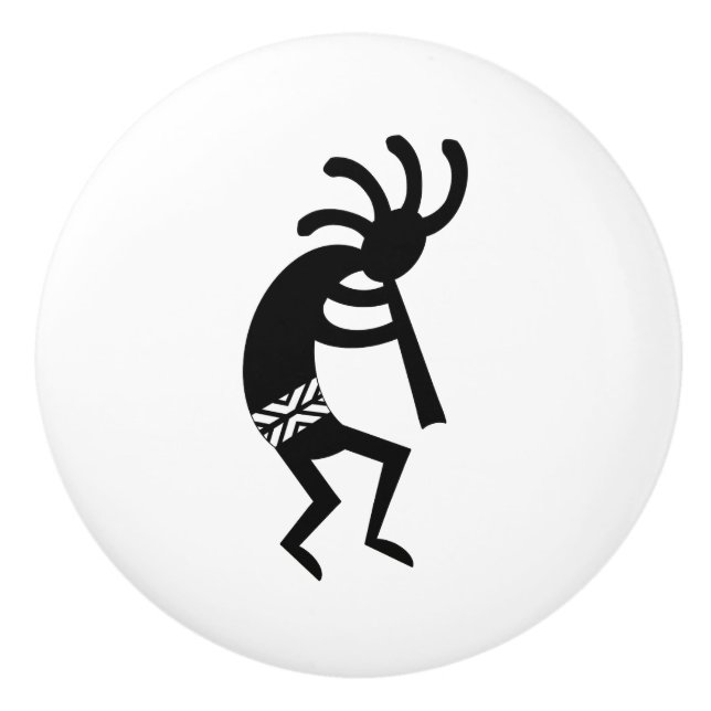Pomo De Cerámica Patrón Kokopelli Blanco Y Negro Diseño Suroeste (Anverso)