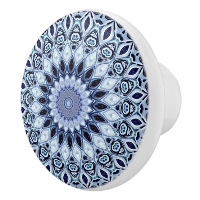 Pomo De Cerámica Patrón Mandala de Kaleidoscopio Azul y Blanco (Derecha)