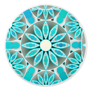Pomo De Cerámica Patrón Mandala, turquesa, gris plateado y blanco