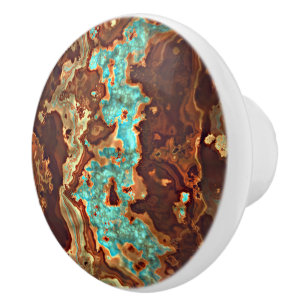 Pomo De Cerámica Patrón marrón de mármol verde turquesa