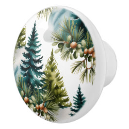 Pomo De Cerámica Patrón Pino de color de agua Elegante Invierno