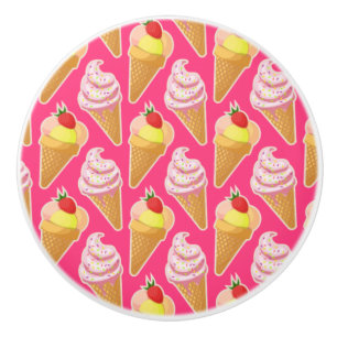 Pomo De Cerámica Patrón rosa de Kawaii con helado de fresa