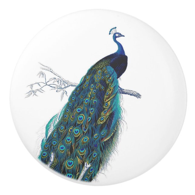 Pomo De Cerámica Pavo real azul con las plumas de cola hermosas (Anverso)