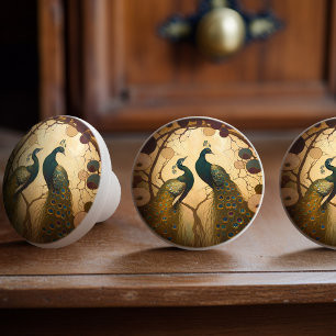 Pomo De Cerámica Pavo real Klimt dorado verde decoración Art Nouvea