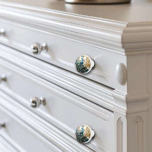 Pomo De Cerámica Peacock Art Deco Elegante Oro Turquesa