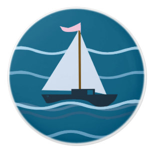 Pomo De Cerámica Pequeño barco de vela azul