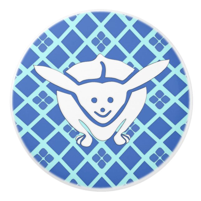 Pomo De Cerámica Pequeño conejo japonés, fondo azul (Anverso)