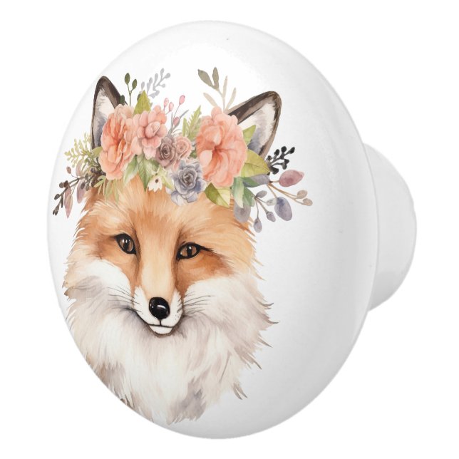 Pomo De Cerámica Pequeño Fox Rojo Con Cabeza Floral (Derecha)