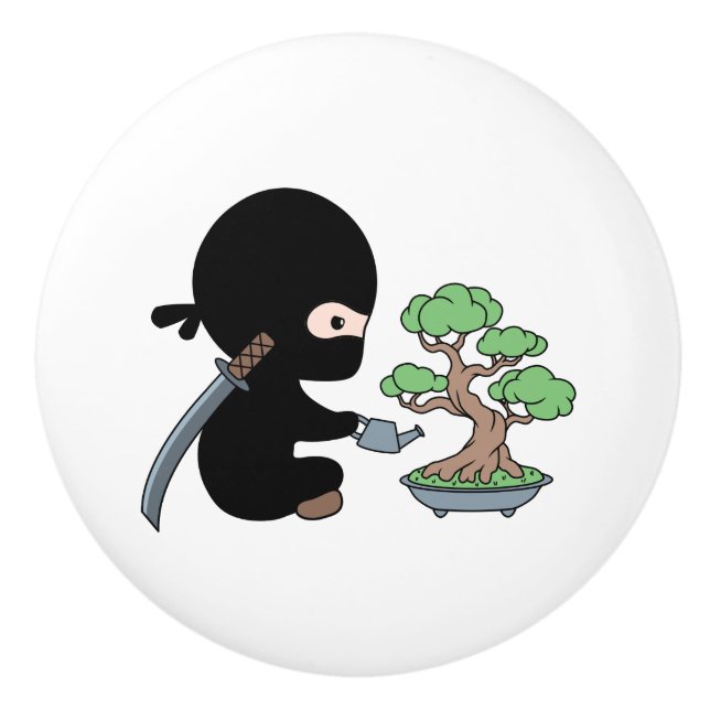 Pomo De Cerámica Pequeño Ninja Regando Bonsái (Anverso)