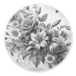 Pomo De Cerámica Perfección floral de antigüedades en blanco y negr