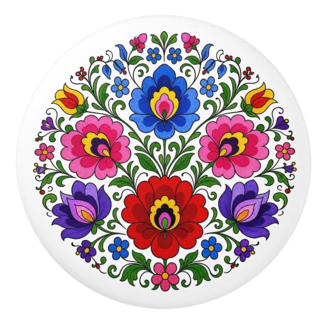 Pomo De Cerámica Perilla cerámica de flores folklóricas de Kalocsa  (Anverso)