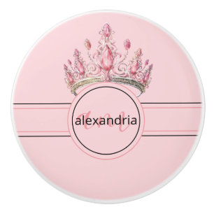 Pomo De Cerámica Perilla de cerámica rosa princesa monograma tiara 