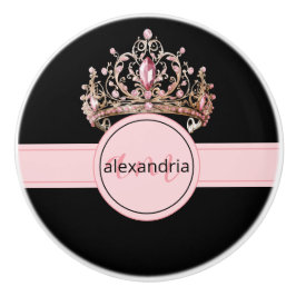 Pomo De Cerámica Perilla de cerámica rosa princesa monograma tiara