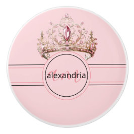 Pomo De Cerámica Perilla de cerámica rosa princesa monograma tiara