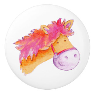 Pomo De Cerámica Perilla de pony / caballo naranja rosa acuarela
