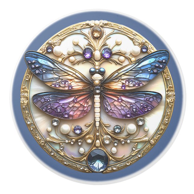 Pomo De Cerámica Perlas de la libélula rosa azul Piedras preciosas (Anverso)