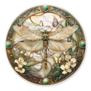 Pomo De Cerámica Perlas de Libélula Flores Filigrana de Oro