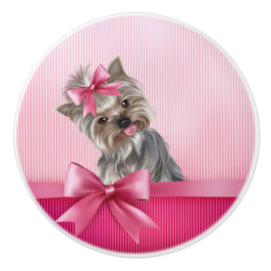 Pomo De Cerámica Perro de perrito rosado de princesa Yorkie de