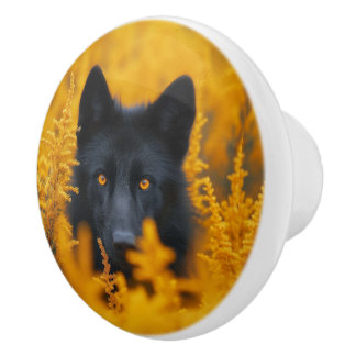 Pomo De Cerámica Perro negro con ojos de oro asombrosos