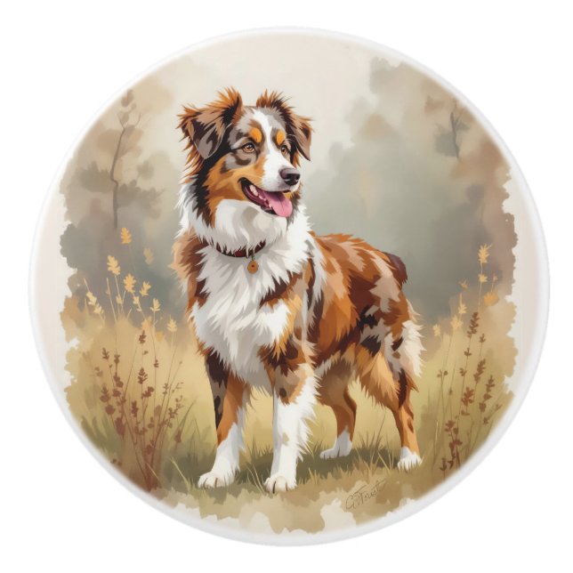 Pomo De Cerámica Perro Pastor Australiano Merle Rojo Aussie (Anverso)
