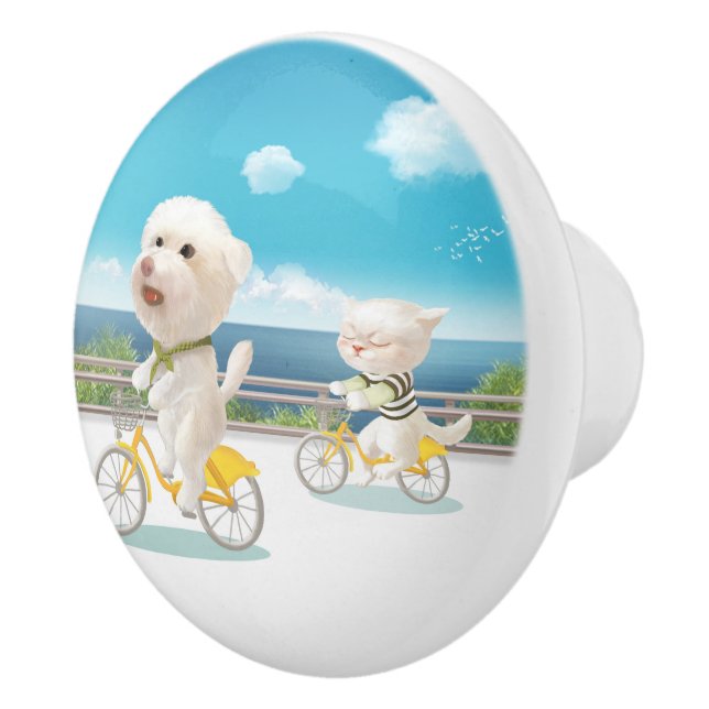 Pomo De Cerámica Perros y gatos en bicicleta junto al mar (Derecha)