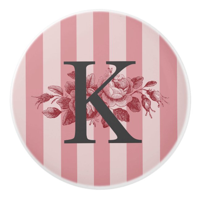 Pomo De Cerámica Personalizable Monograma Bandas rosadas Rosas de c (Anverso)