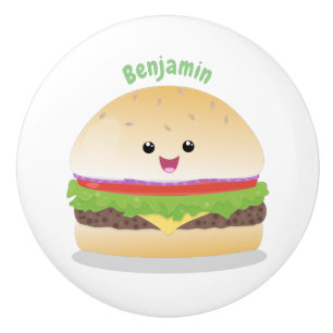 Pomo De Cerámica Personalizado de hamburguesa kawaii feliz