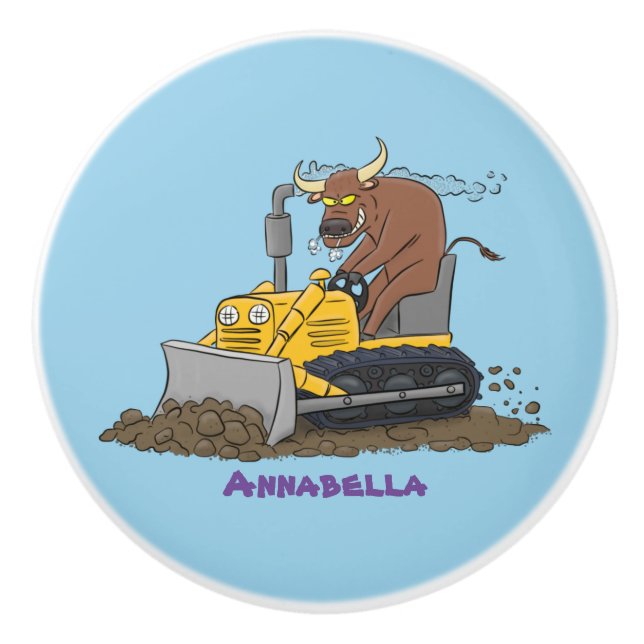 Pomo De Cerámica Personalizado del bulldozer cómico que conduce un  (Anverso)