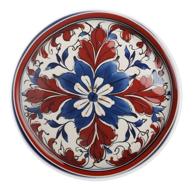 Pomo De Cerámica Personalizado floral rojo, blanco y azul Knob cerá (Anverso)