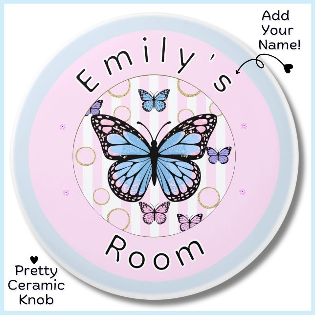 Pomo De Cerámica Personalizado Pink Blue Morple Butterfly Ceramic K (A pretty custom name ceramic knob featuring butterflies in soft pink and blue, white and gold.)