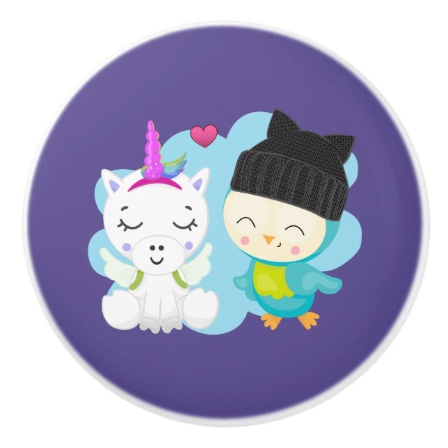 Pomo De Cerámica Personalizados felinos: unicornio y pájaro felices (Anverso)