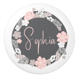 Pomo De Cerámica Personalized Floral Name Pink
