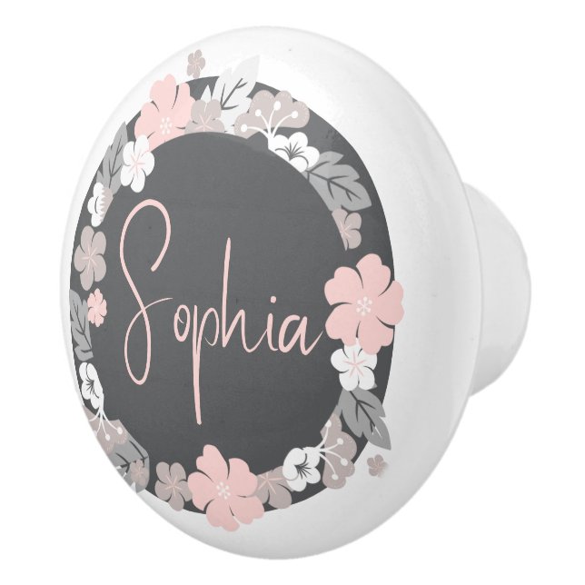 Pomo De Cerámica Personalized Floral Name Pink (Derecha)