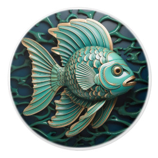 Pomo De Cerámica Pescado Verde azulado Verde y Vida marina de cobre