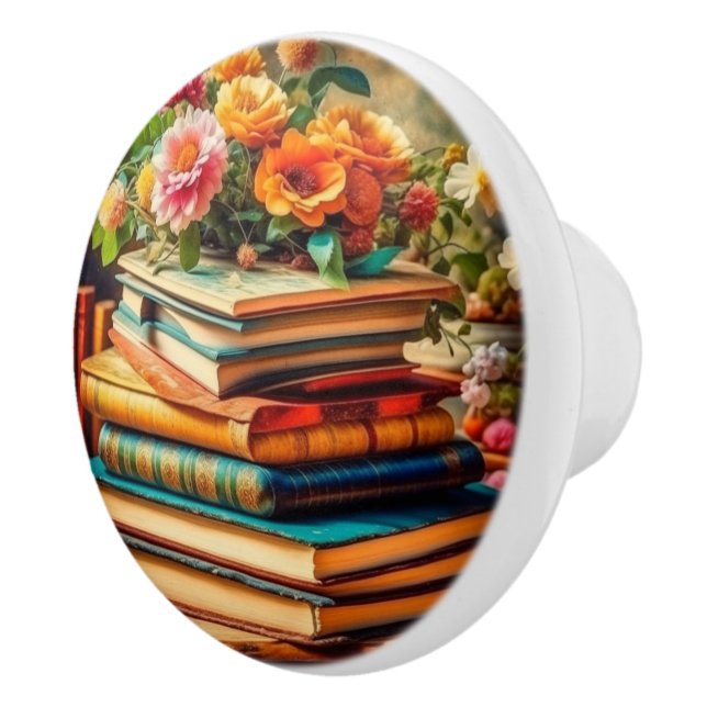 Pomo De Cerámica Pile antiguo de libros y flores de época (Derecha)