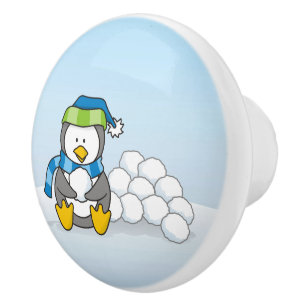 Pomo De Cerámica Pingüino pequeño sentado con bolas de nieve