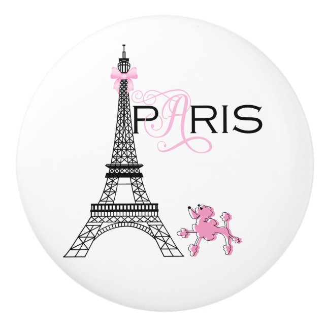 Pomo De Cerámica Pink Bow Eiffel Tower Paris Francia Poodle Moda (Anverso)
