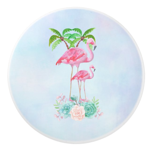 Pomo De Cerámica Pink Flamingo Momma & Baby with Palm Trete (Anverso)