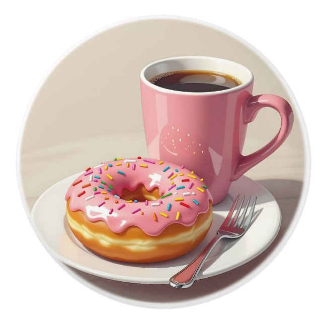 Pomo De Cerámica Pink Frosted Donut and Coffee Cup (Anverso)