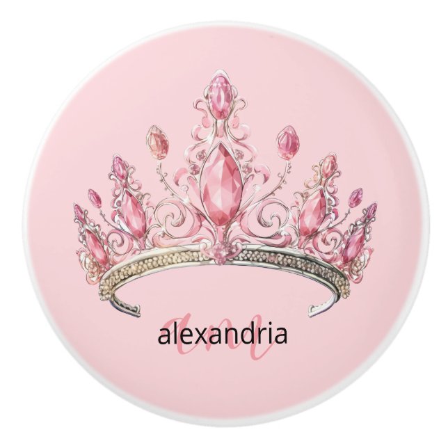 Pomo De Cerámica Pink Princess Monogram Tiara Girly Ceramic Knob (Anverso)
