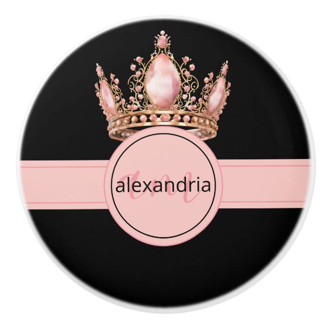 Pomo De Cerámica Pink Princess Monogram Tiara Girly Ceramic Knob (Anverso)