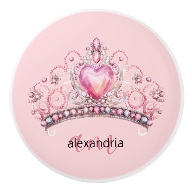 Pomo De Cerámica Pink Princess Monogram Tiara Girly Ceramic Knob (Anverso)