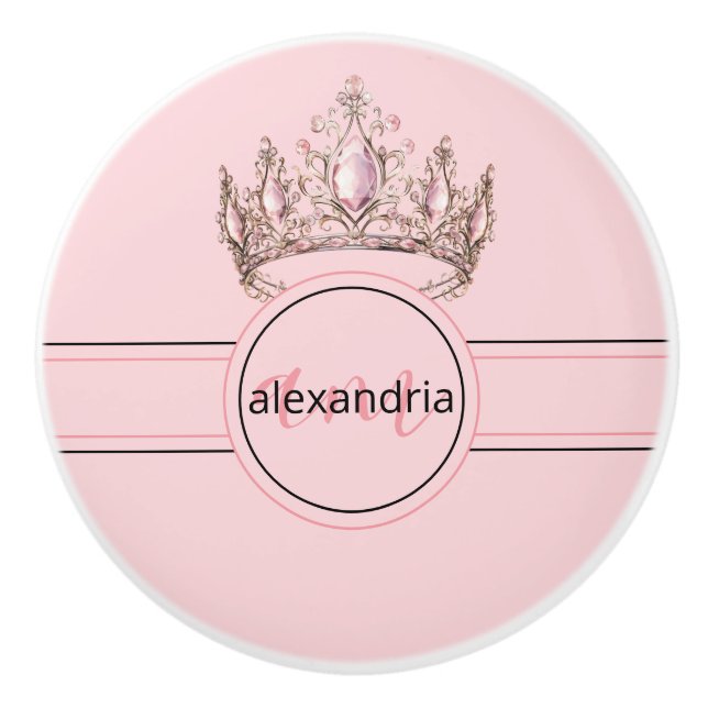 Pomo De Cerámica Pink Princess Monogram Tiara Girly Ceramic Knob (Anverso)