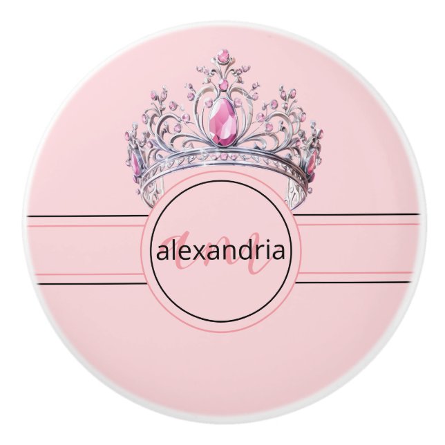 Pomo De Cerámica Pink Princess Monogram Tiara Girly Ceramic Knob (Anverso)